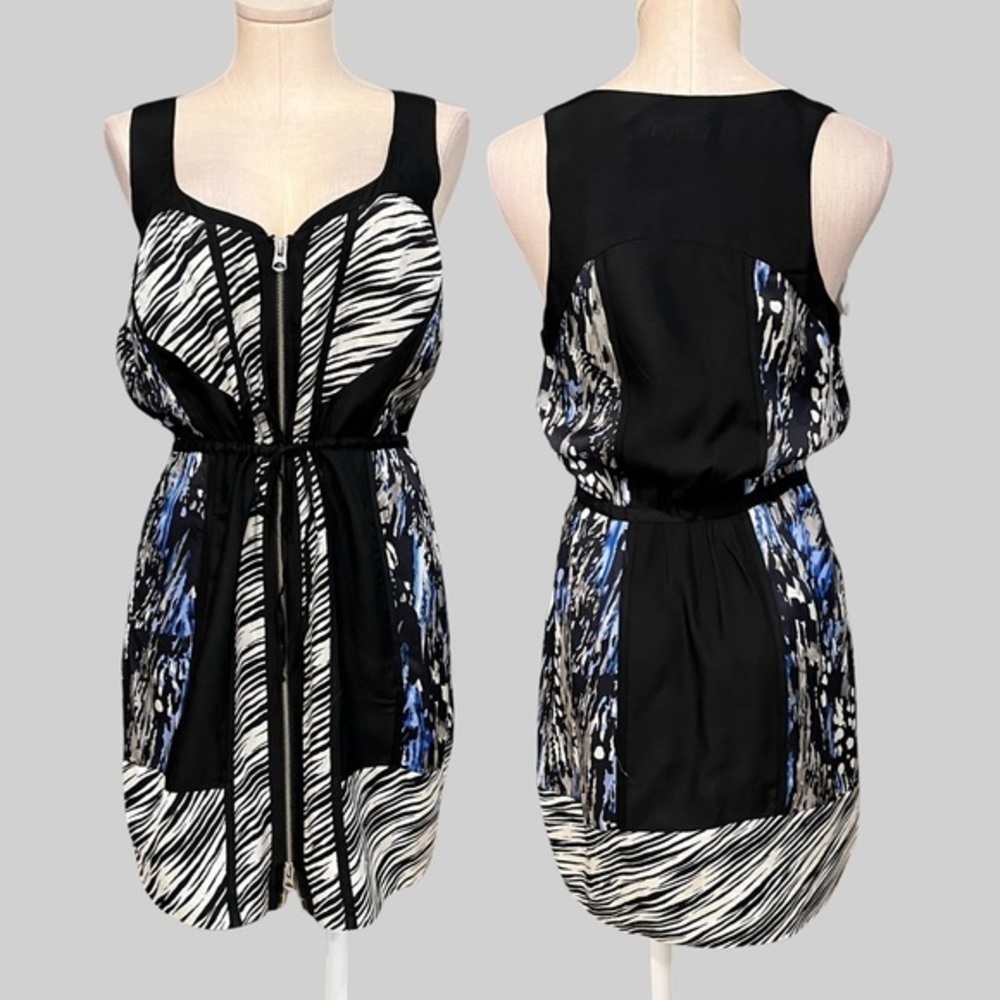 ARMANI EXCHANGE black, white and blue front zip sleeveless short dress